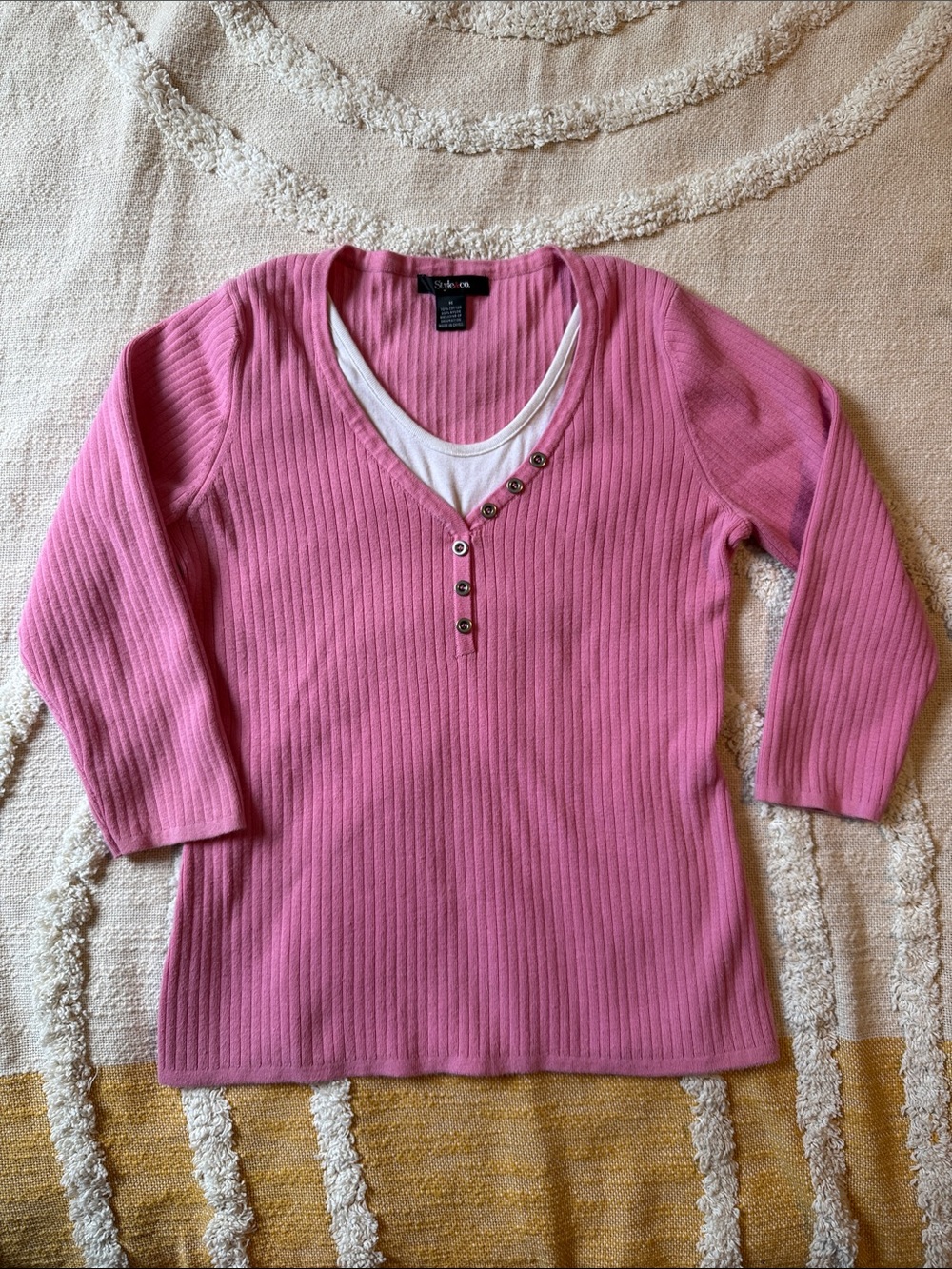 Style & Co. Pink Cotton Ribbed Henley Top with Faux Scoop